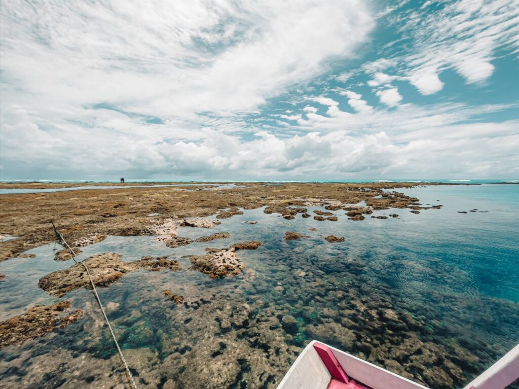 Piscinas naturais do Patacho formadas na maré baixa entre os inúmeros corais. Praia do Patacho, Porto de Pedras.
